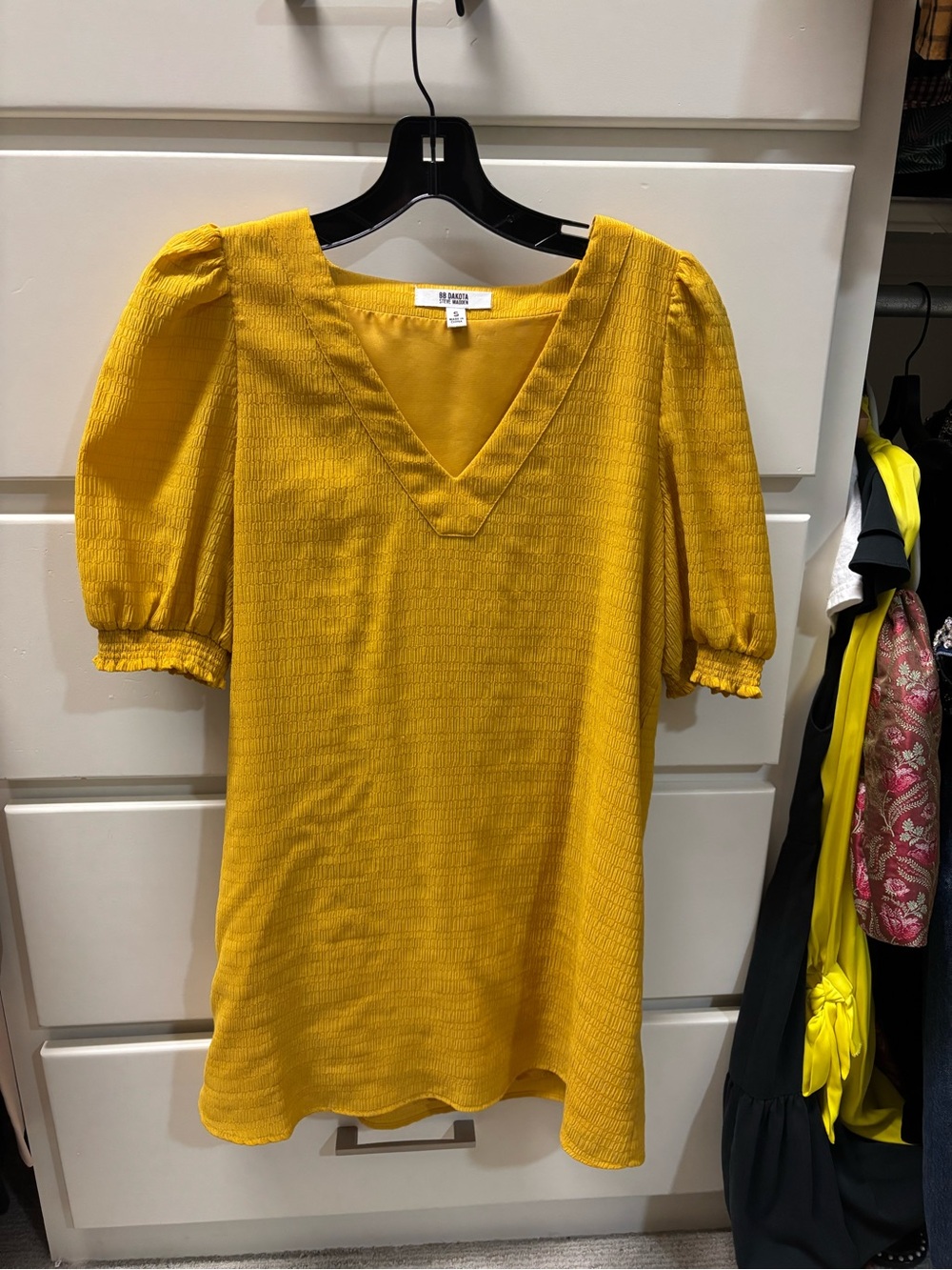 BB Dakota Mustard V-Neck Puff Sleeve Dress